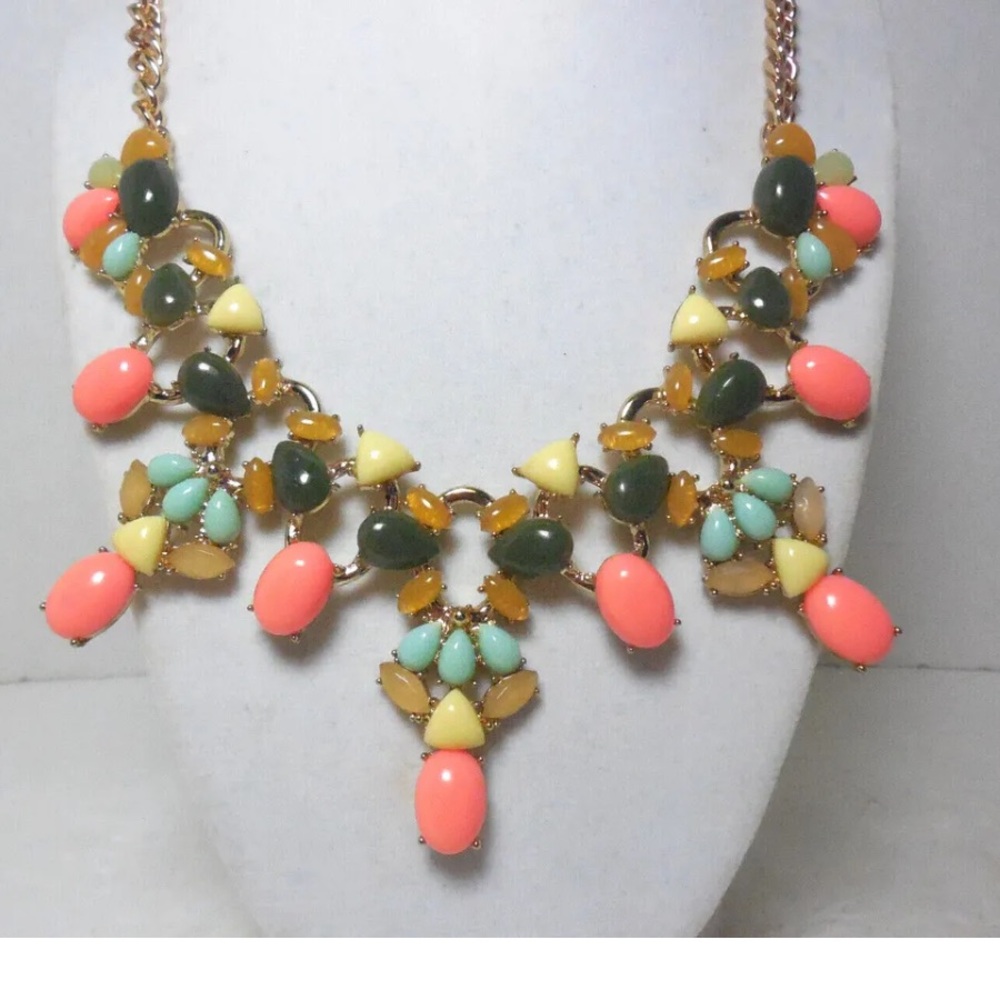 Talbots Semiprecious Pink, Yellow & Green Gold Statement Necklace, Bib Necklace